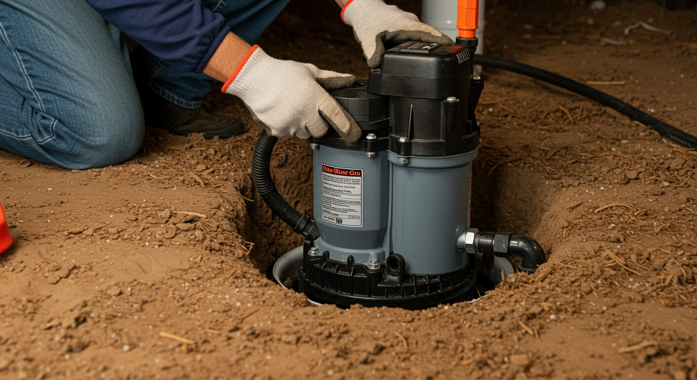 A technician installing a sump pump in a crawl space. The focus is on the pump and the technician's hands, showcasing the repair process and the importance of effective drainage.